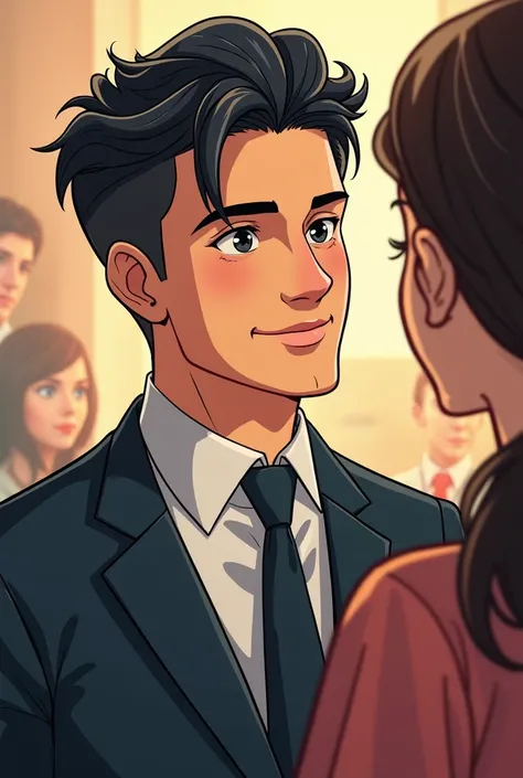 A men with short black hair, wearing suit, softly smiling, looking at someone in comic