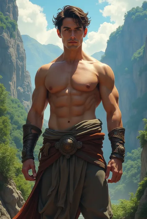 A young man from a fantasy world who is tall enough and have a muscular body. He is brunette with a brown eyes. And make the background aesthetics