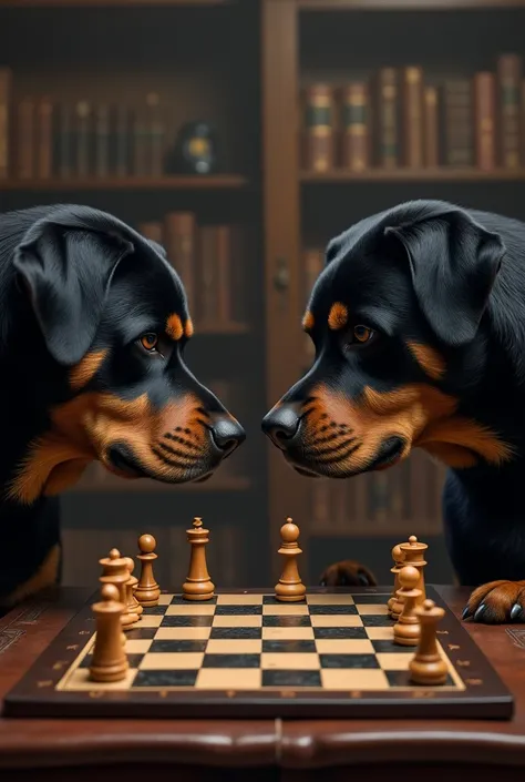 2 rottwailer dogs playing chess 