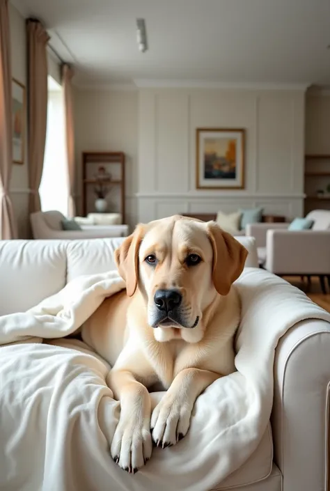  Become a designer with many years of experience .  Create a picture where the sofa is in the foreground , covered with a white blanket ,  on which lies a huge labrador .  In the background and on the sides, a chic room with light furniture