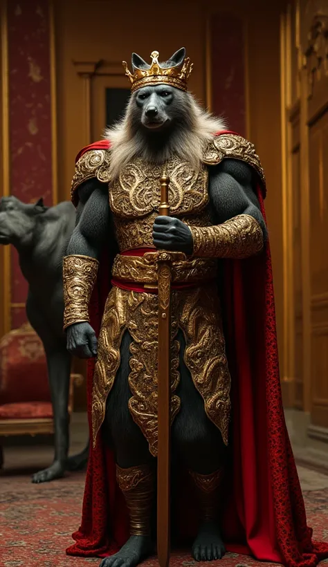 Create A Humanoid Wolf Man King Giant Hieght, Wearing Beautiful Turkish King Crown With Very Very Expensive Gold King Outfit, Standing Straight, Big Muscles, Holding A Sword In Hand, A Very Expensive Royal Chair Behind Him , Gold And Red Colour Paint On Ro...