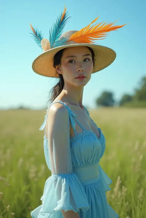 Realistic beautiful woman wearing a light blue dress, wearing a hat with a wide brim, decorated with feathers, is standing in a wide meadow and a gentle breeze blows.
Cinema-level, highest resolution sharp images
