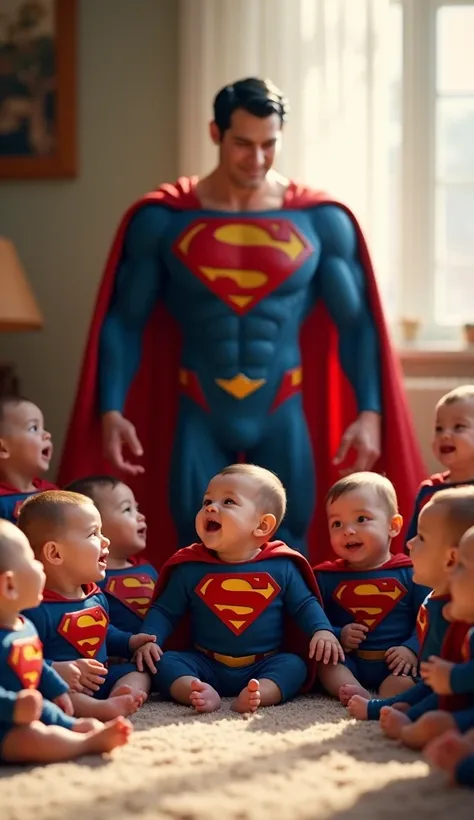 Super man and his 10 baby  sitting in carpet and his 10 baby  wear same super man custom