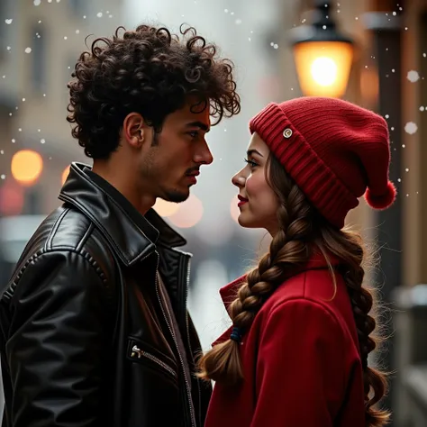  photo of a teenage couple ,  looking at each other .  He is 23 years old , attractive, badboy,  has black scrubby hair and wears a leather jacket , Is American ,  no facial hair.  She is 21 years old has brown hair ,  two braided braids and wears a red co...