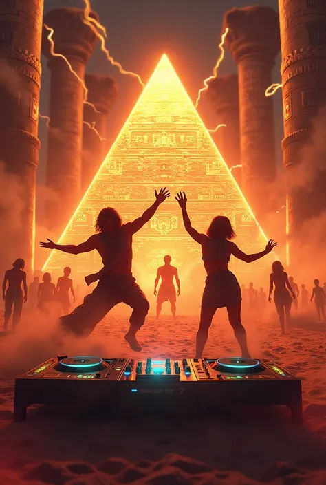 An intense and vibrant illustration for an Egyptian trap-electro anthem titled ‘Sands of Fury.’ The scene features a glowing pyramid surrounded by pulsating neon lights in gold and crimson hues. In the foreground, a modern DJ deck is embedded in ancient st...