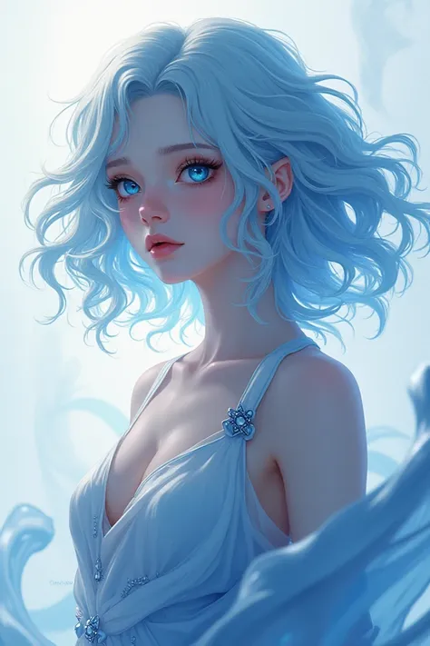 A girl with light blue wavy hair and clothes that give off flowing vibes with shade of blue and white but still badass