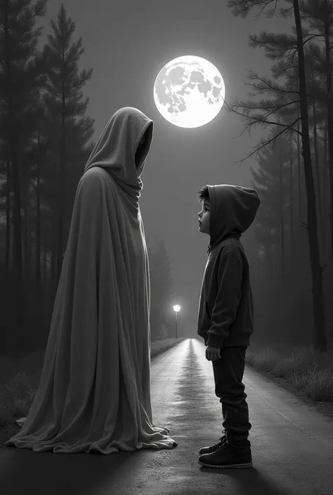 A scary black and white background 

A person stand by the road with a innocent body language (face is hidden)
Also
A life taker from god full body is hidden by a white blanket
The person is must be a boy with hoodie

Then person is looking at the life tak...