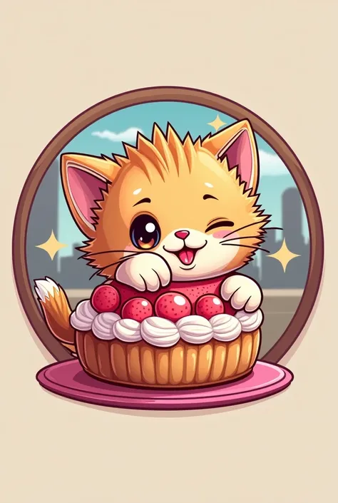 Pastry logo that says RODVEL , Let it be colorful, That it has a dessert in the logo and that there is a pretty kitten winking its eye
