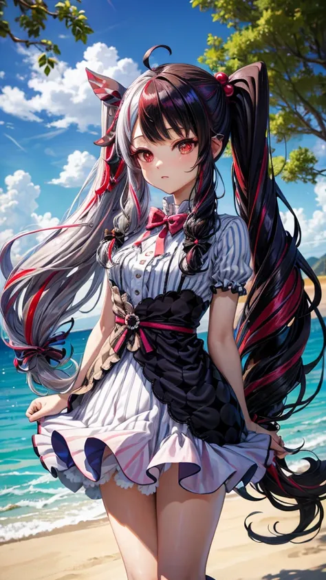 masterpiece, best quality,  highres icon, rena1, 1girl, Alone, multicolored hair, red eyes, black hair, split-color hair, streaked hair, twintails, two-tone hair, Hair Ornament, ahoge, hair ribbon, bangs, grey hair, red hair, hair bobbles, very long hair, ...