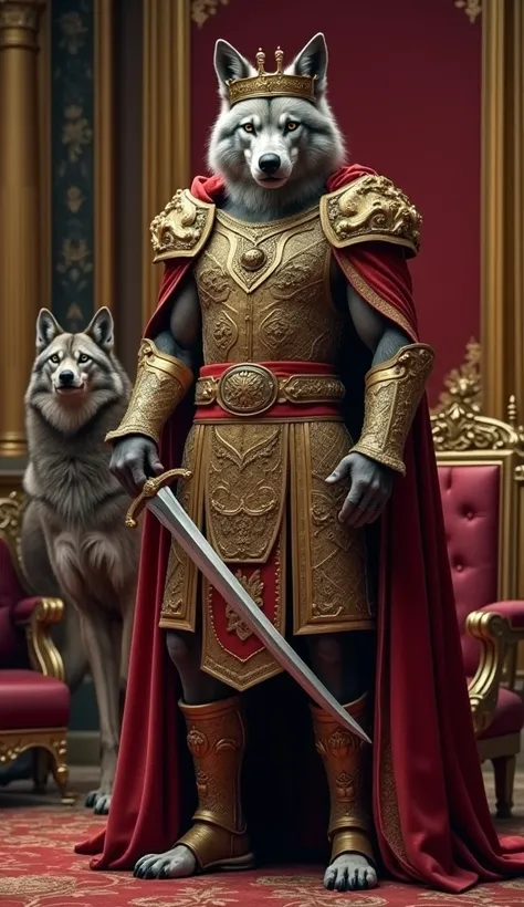 Create A Humanoid Wolf Man King Giant Hieght, Wearing Beautiful Turkish King Crown With Very Very Expensive Gold King Outfit, Standing Straight, Big Muscles, Holding A Sword In Hand, A Very Expensive Royal Chair Behind Him , Gold And Red Colour Paint On Ro...