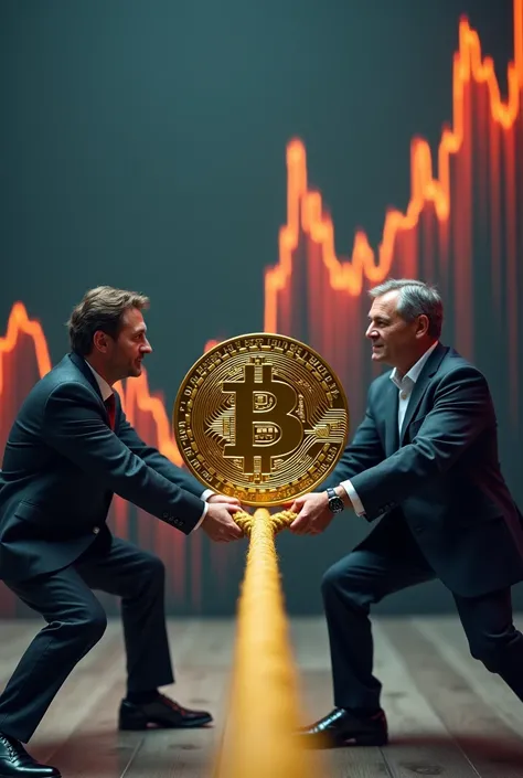 Tug-of-war between small and large investors over Bitcoin. Large investors are winning, pulling the rope towards them. Bitcoin logo in the middle of the rope. Upward trending graph in the background.