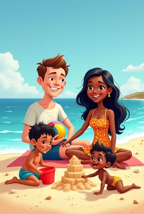 A cartoon-style illustration of a happy family spending time at the seaside. The father, a white man with short brown hair, is wearing casual beachwear and holding a beach ball. The mother, with warm brown skin, long straight black hair, and features inspi...