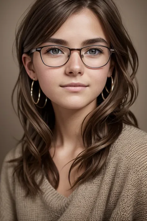 Realistic photo of a  girl with natural nice chestnuts of European appearance, disheveled shaggy shoulder-length brown hair; Large shiny dark brown eyes, long eyelashes, thick eyebrows, glasses, rounded innocent and cute face, Mischievous, Carefree, Shamel...