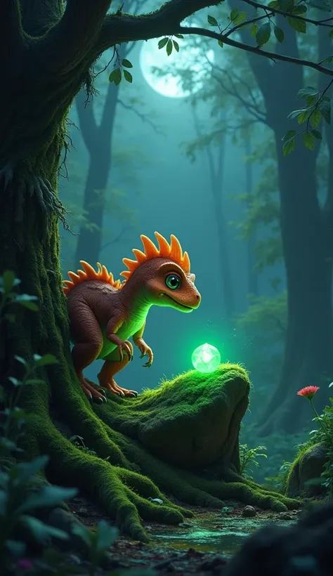 "Depict a curious dinosaur in the middle of a dark, dense forest. The dinosaur, a small, feathered species with vibrant colors, is perched on a moss-covered tree branch, leaning forward with one clawed hand extended as if attempting to touch or sniff a glo...