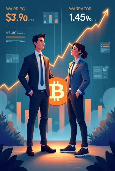 Bitcoin price chart showing a moderate upward trend in the background. A bullish large investor and a cautious small investor in the foreground. A separate small chart showing MicroStrategys stock price sharply rising with a warning sign