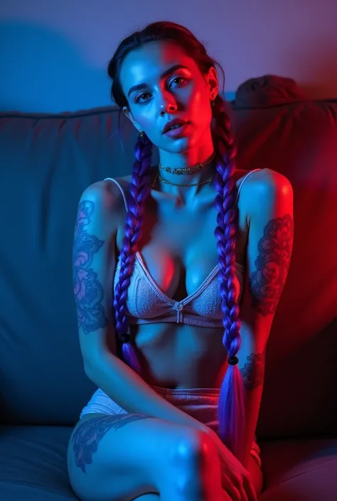 cè  una donna bellissima capelli lunghissimi braids viola e lilla punte blu neon tatuata su 28 anni  che non si è mai sistemata ma è comunque molto attraente, She has a reputation for being a bit slutty though ... is sitting on the couch with her legs open...