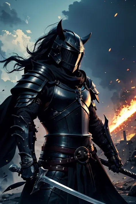 anime character, gats, anime berserker, black armor, huge black sword, two-handed sword, black helmet covering the face