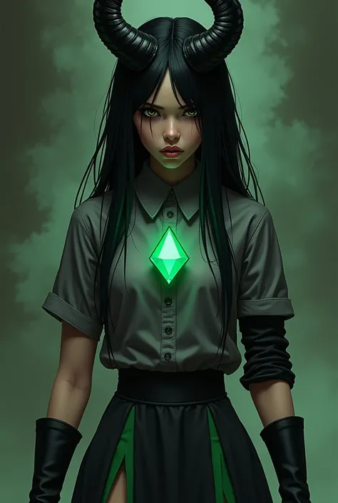 A girl with Long black straight hair A gray shirt with a green diamond embedded in the middle and a dark gray skirt with acid green accents and hi boots, black horns with a 
Villain-ish look 