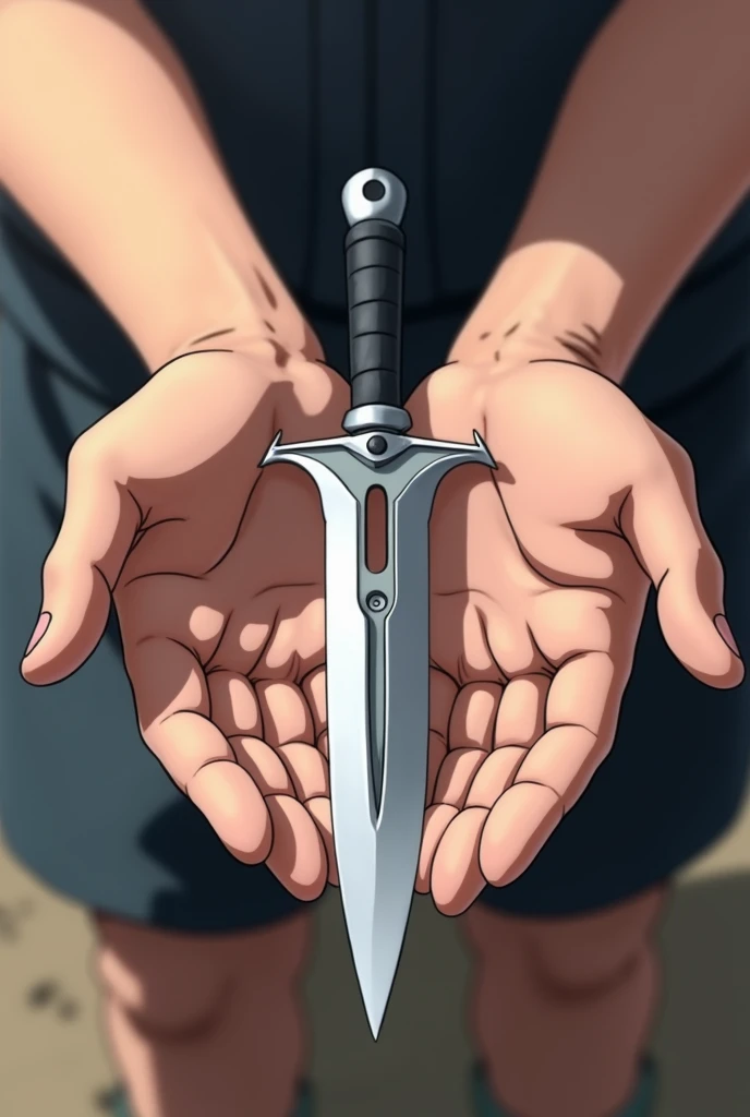 a special silver kunai in the hands of a boy, Naruto, Naruto anime style, we see only hands, kunai lies horizontally on two hands