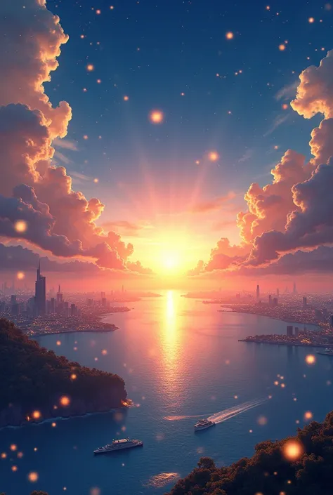 Spectacular views of pale orange sunsets and deep blue skies
A lot of golden glitter dances in the air like it shines　Gulf city with beautiful night views 　More realistic　High image quality