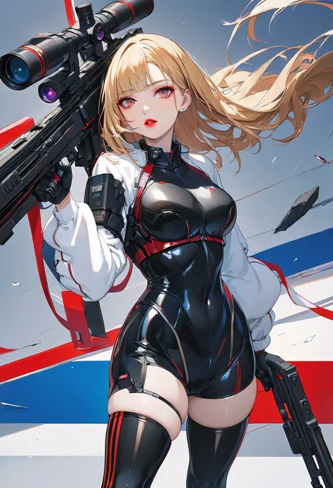 (masterpiece,  best quality :1.2,UHD,High Resolution,Detailed depiction)、 a spy girl 、 sexy lips、 slightly pale red lipstick 、Blonde Bob、 dull bangs、Red Striped Hair 、A sniper gun in her hand 、 holding a weapon 、 Exposing Black Rubber Suit、Black knee-highs