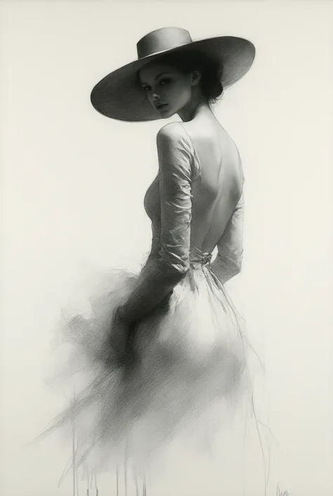 arafed drawing of a woman with a hat and a dress looking at the camera, a charcoal drawing by Sándor Bortnyik, dribble, figurative art, figure drawing, art study of a body, fine lines and graphite, feminine figure, looking across the shoulder, gesture draw...