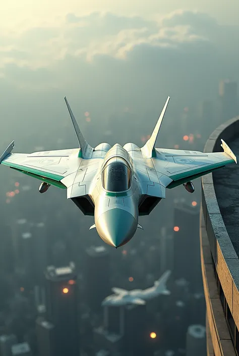 A powerful, private fighter jet, designed for both air superiority and vertical take-offs, poised on a rooftop helipad. The jet, capable of Mach 3 speeds, features a sleek white body with striking emerald green accents, a design inspired by the F-35 and Su...