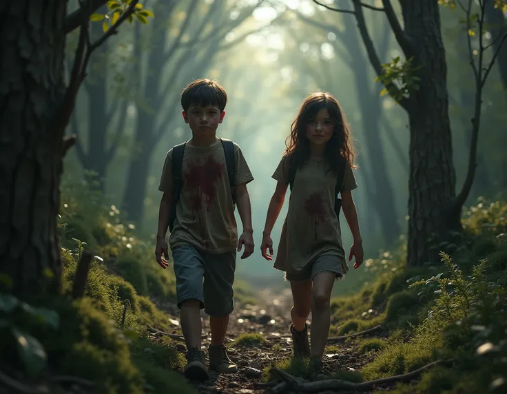 a boy and a girl in the woods with the blood of walkers while they were walking with them without being seen about 16  realistic 