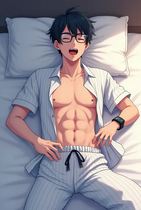  Japanese Anime Picture,  full body image, In the bedroom, 1 man,A handsome, 17-year-old Asian guy with short hair wearing glasses , A man lies on his back on a bed , The men, wearing white pajamas with a whole dark blue stripe, were unbuttoned and unbutto...