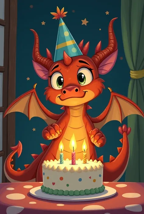 Dragon trying to blow candles on his birthday cake but cant because of the flame
He is sad 
Classic old animation
