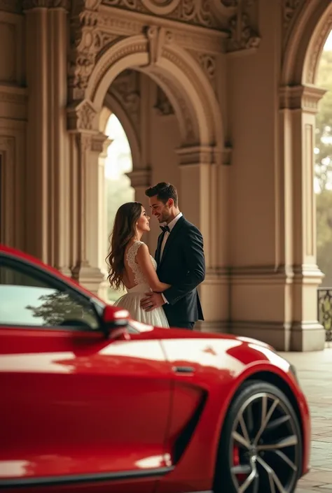 Young beautiful couple in the old beautiful palace
A red pekan car