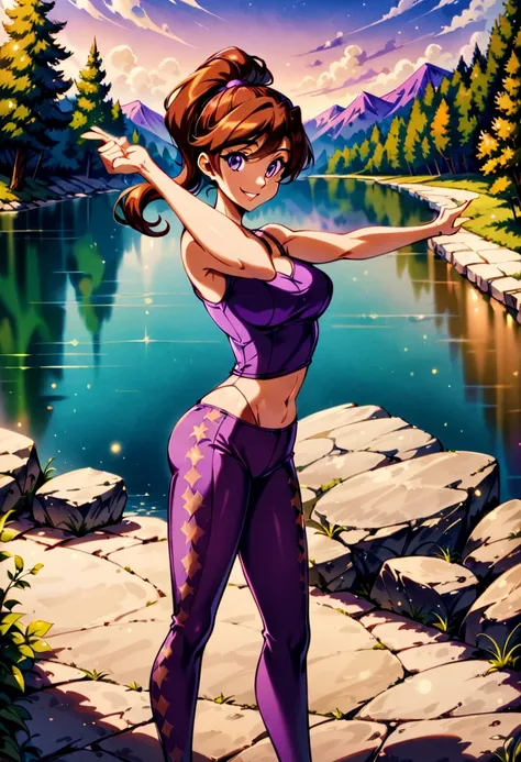 score_9, score_8_above, score_7_above, score_6_above, fotogdayfia cinematográfica, Alone,  On your own , 1  (Mégaday da Disney, m_day,  Brown Hair , purple eyes, pony tail:1.3), Lake Bled background ,  Stretching exercises , Dressing ( tight purple gym leg...