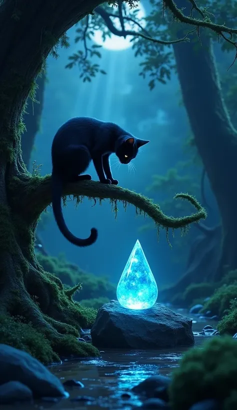 "A curious cat with sleek fur perched on a moss-covered tree branch in the middle of a dark, dense forest. The cat leans forward with one paw extended, attempting to touch or sniff a glowing blue gemstone resting on a nearby rock. The gemstone radiates a s...