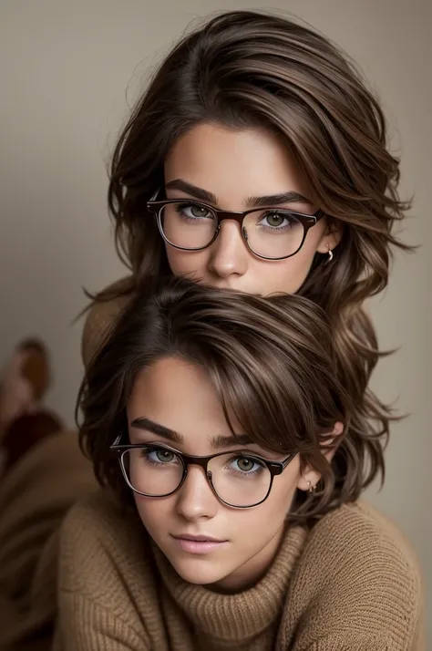 Realistic photo of a 28yo girl with natural nice chestnuts of European appearance, boyish short disheveled shaggy brown hair to pixie hairstyle; Large shiny dark brown eyes, eyelashes, thick eyebrows, glasses, rounded innocent and cute face, Mischievous, C...