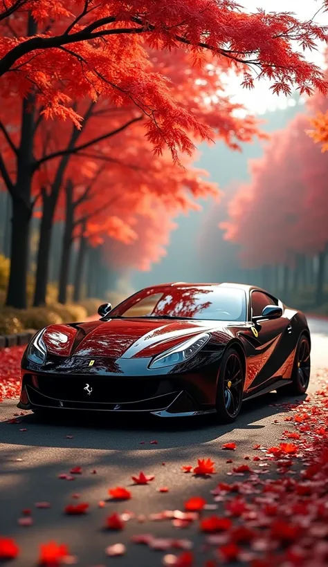 “A bright black Ferrari parked on a scenic road surrounded by vibrant red-leafed Japanese maple trees in autumn. The background showcases a peaceful landscape with soft sunlight filtering through the trees, highlighting the glossy surface of the car. The g...