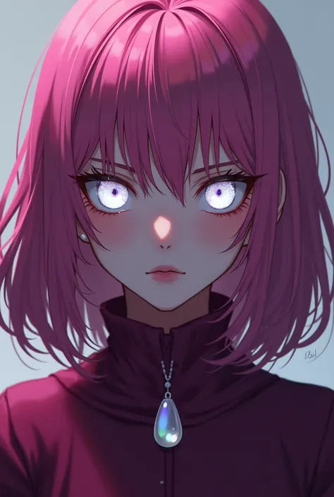  anime girl image, with fuchsia shoulder-length hair , completely white eyes, totally serious reddish purple sweater with an ender perl