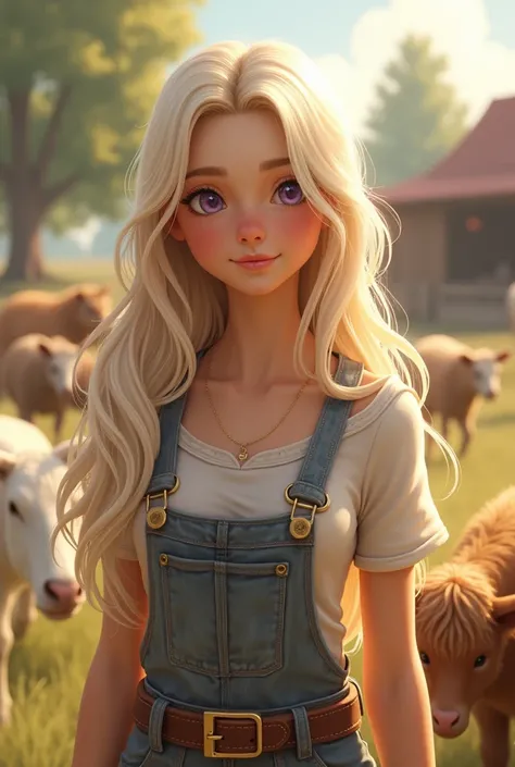 1 girl , Alone, long haired, beautiful, smile, Lilac-eyed , wearing ranch clothes ,  farm animal background, hair color Cream , digital art,3D