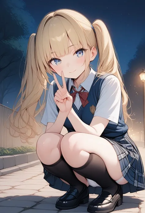 Masterpiece, ultra detailed, 8k, best quality, novel illustration, Night Park, 18 years old, 1girl, student uniform, plaid skirt, Blonde, twin tails, blue eyes , blunt bangs, black thighhighs,  black loafers, white panties, squat, hand peace sign, light sm...