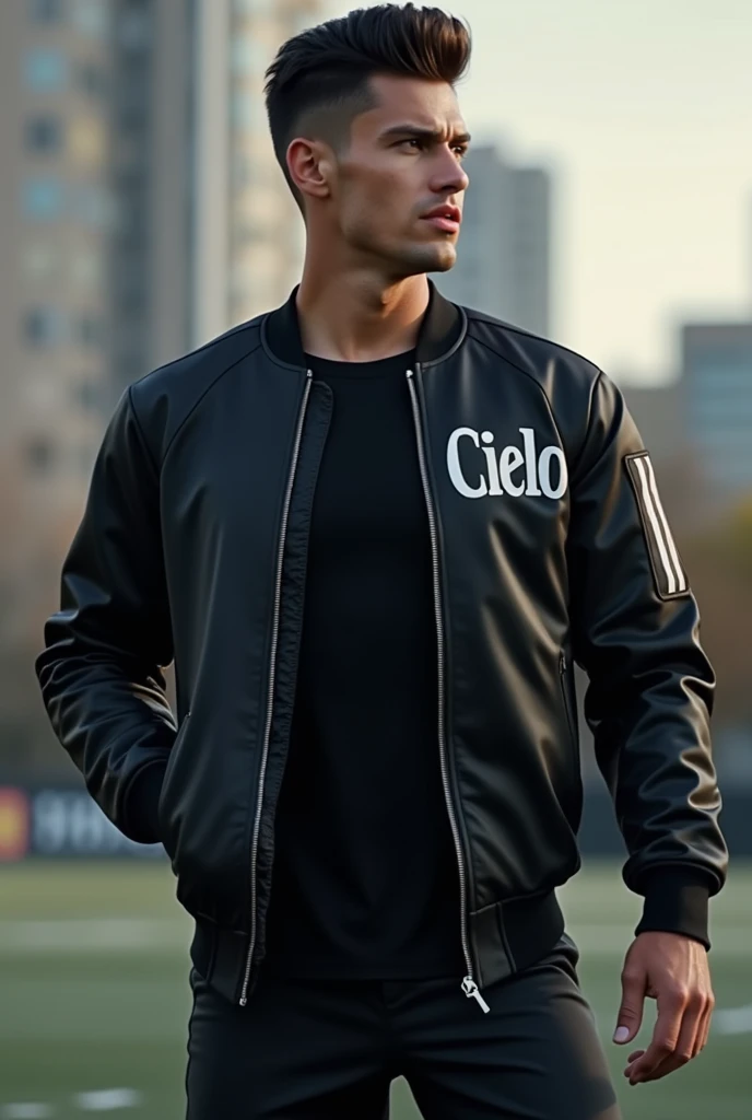 black bomber jacket with Team Cielo text