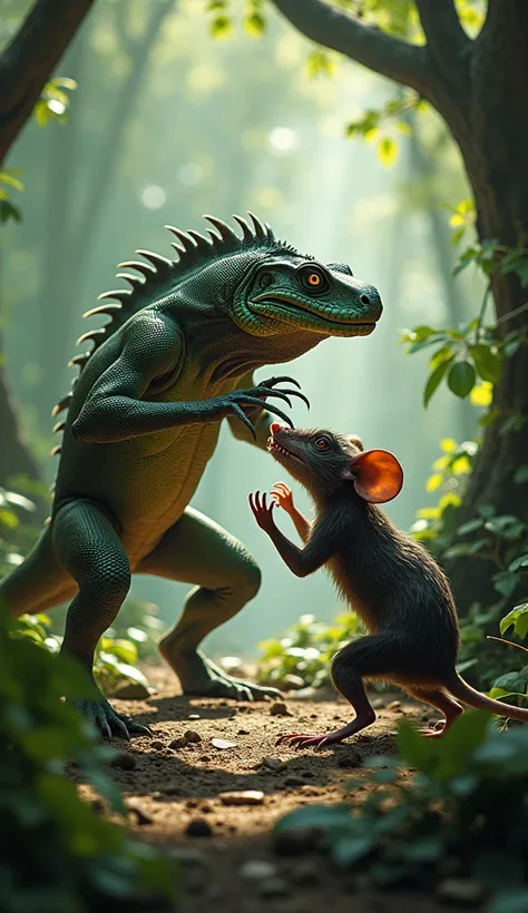 I want to create a picture danger lizard fight with danger rat create this picture with background of the Jungle