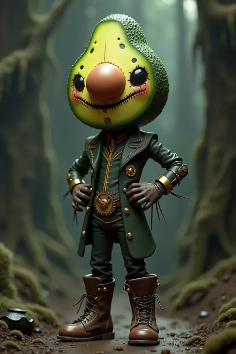 generate images of kawaii chibi character of (avocado head) zany scarecrow with a horror fantasy theme,(hands on hips:1.5), clothes must be highly intricate steampunk style , elegant, and visually striking, highly detailed leather boots, resembling digital...