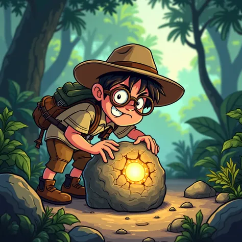 cartoon style, archeologist, discovered an object in a rock