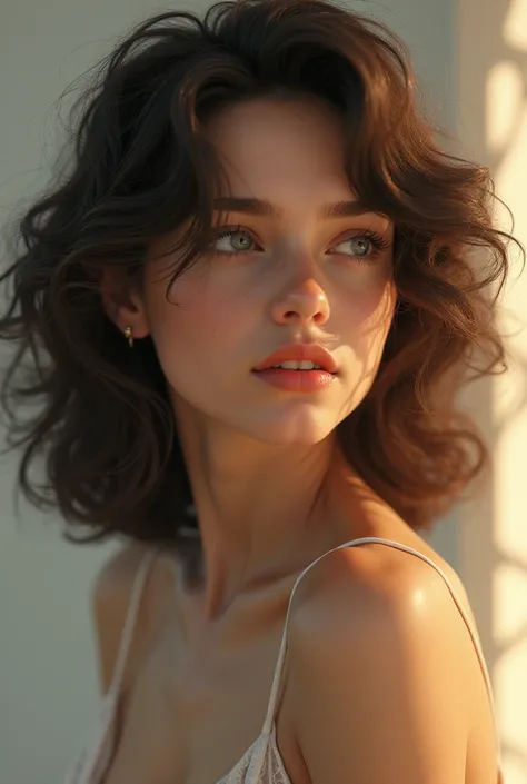 A girl lies looking to the side with very beautiful curls of hair , curly hollywood hairstyle