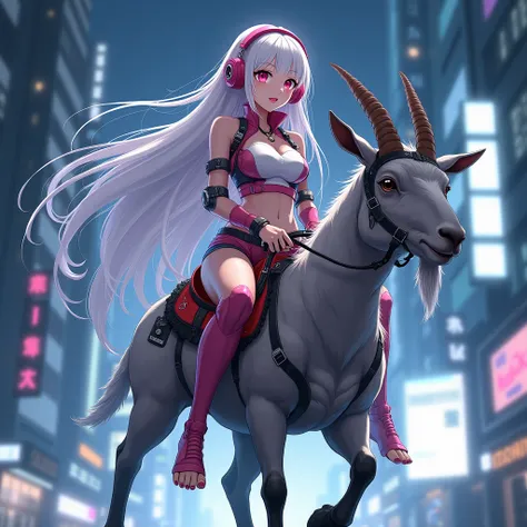 Beautiful anime woman, long beautiful white hair, detailed pink eyes,Large breasts, wearing futuristic headphones, pink nail polish on her hand and toe nails, detailed feets, wearing a futuristic cyber punk outfit, riding a small goat with saddle and bridl...