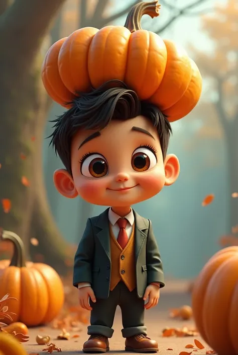  Animated boy with a pumpkin on his head, wearing a tie suit and jacket 