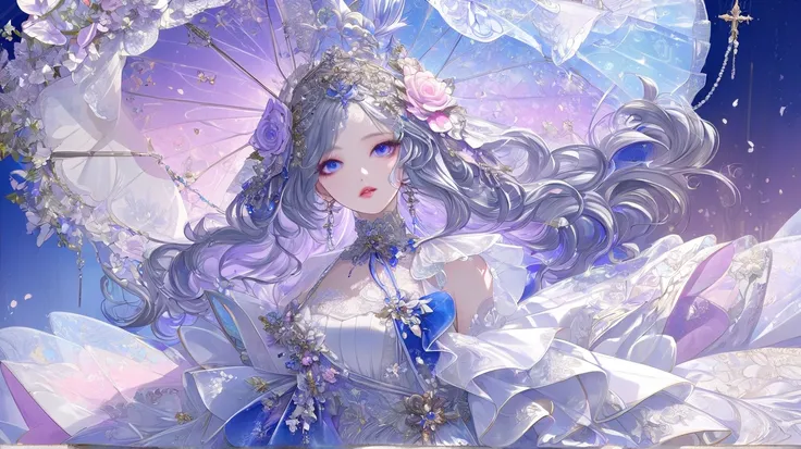 Luxurious parasol delicately decorated with a ,butterfly々 pattern on the left shoulder , A transparent, luxurious dress layered over and over,Luxurious back ribbon ,Purple and silver ash hair color , Cobalt Blue Eyes,Dior Pink Lip, magical atmosphere ,  de...