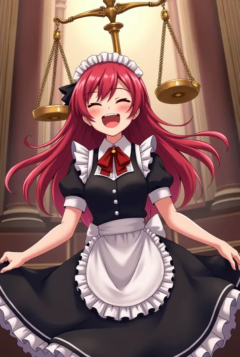  girl　reddish black hair　 wearing maid clothes　 laughing　The balance is shown in the back　Im in court 