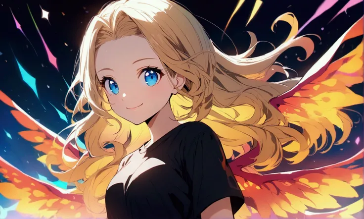 Anime girl, (shoulder-length blond hair, beautiful hairstyle, clear forehead, blue eyes, wears a black T-shirt and jeans , smile,) with a colorful fire wings. Artist Girl. colorful background. 4k , masterpice