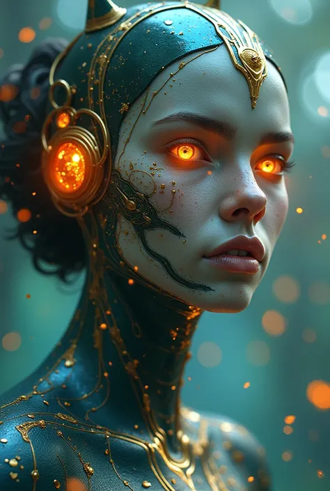 The goddess, Fortuna, glowing eyes, head to breast, silicone cybernetics. High Resolution, Masterpiece, Award Winning, Best Quality, High Details, High Quality, UHD, Optical Illusion, Impressionism, Art Deco, Cinematic, Cinematography, Futurism, Hyperreali...