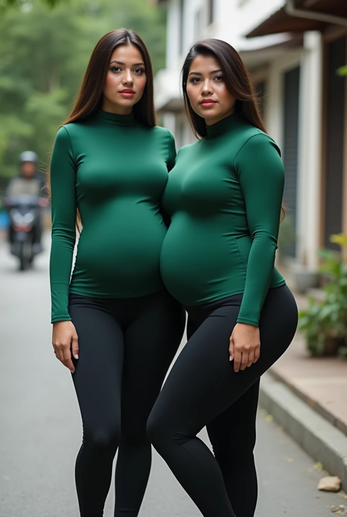  Beautiful Indonesian moms  ((wearing hijab))  wearing tight green long t-shirt ((press body)), legging hitam ketat((press body)), bokong bulat, big breasts, Slim stomach ( not a saggy belly ), fair skin,  thick pink lips  (wajah sensual), ideal sexy body ...